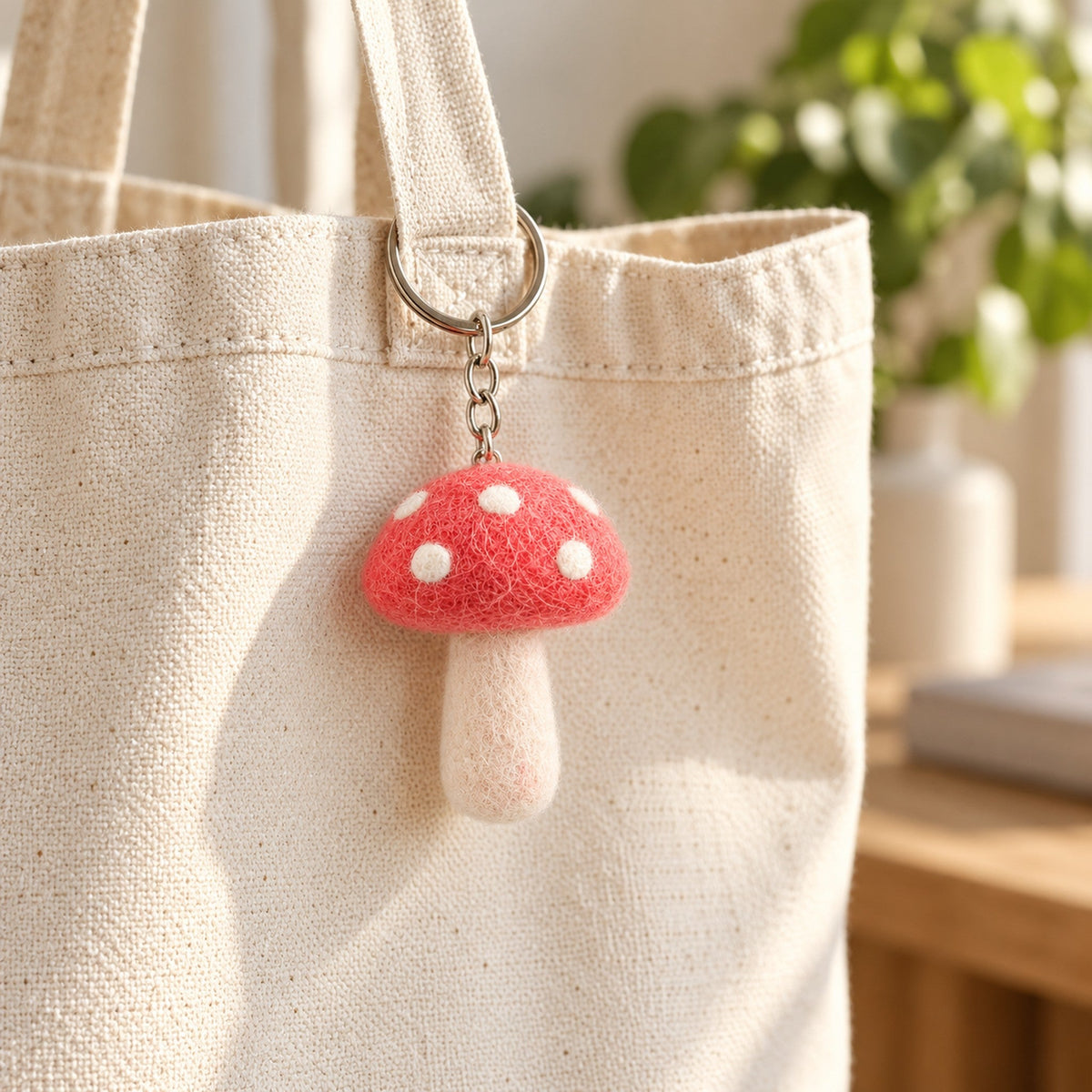 Blossom Toadstool, a little felt bag charm with a coral-pink cap and white spots.