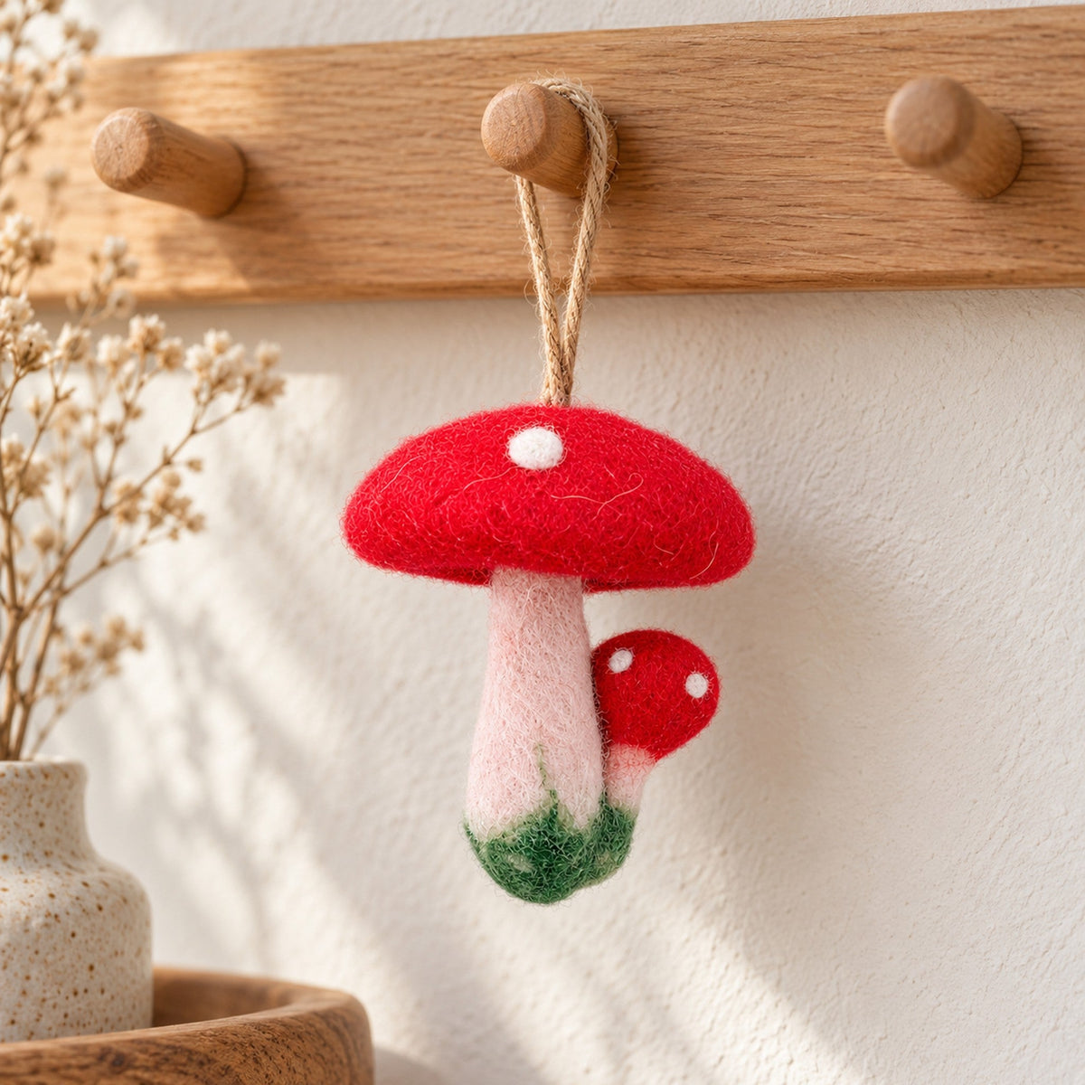Big and Little Toadstool felt hanging ornament, featuring two toadstools side by side.