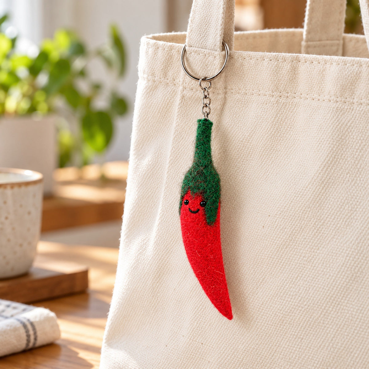 Chilli Charlie, a slim red felt chilli keychain with a dark green top and a smiling face, beside a Christmas stocking and a handwritten recipe.