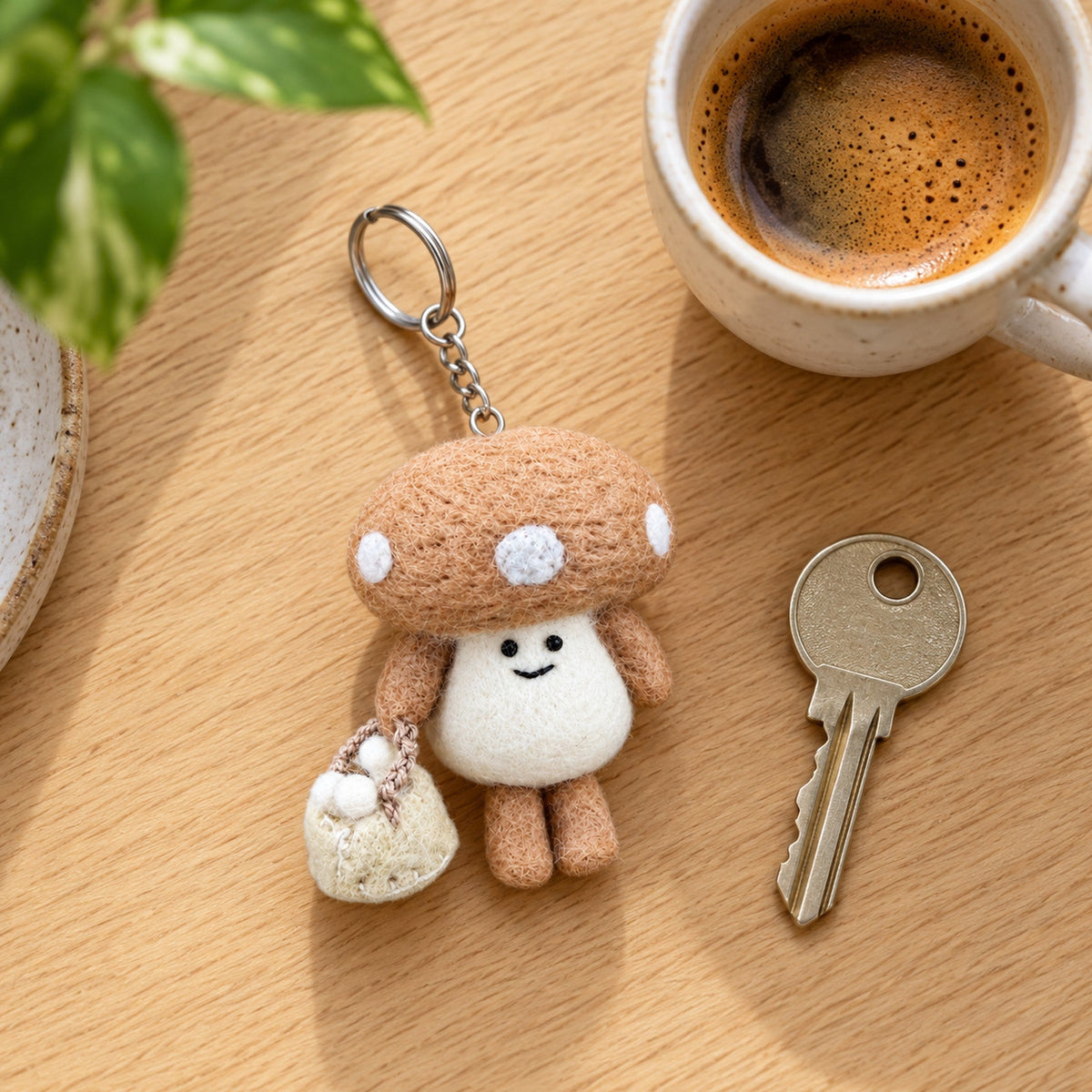 Cocoa Cap felt mushroom keychain with a brown spotted cap and a smiling face beside a set of house keys.