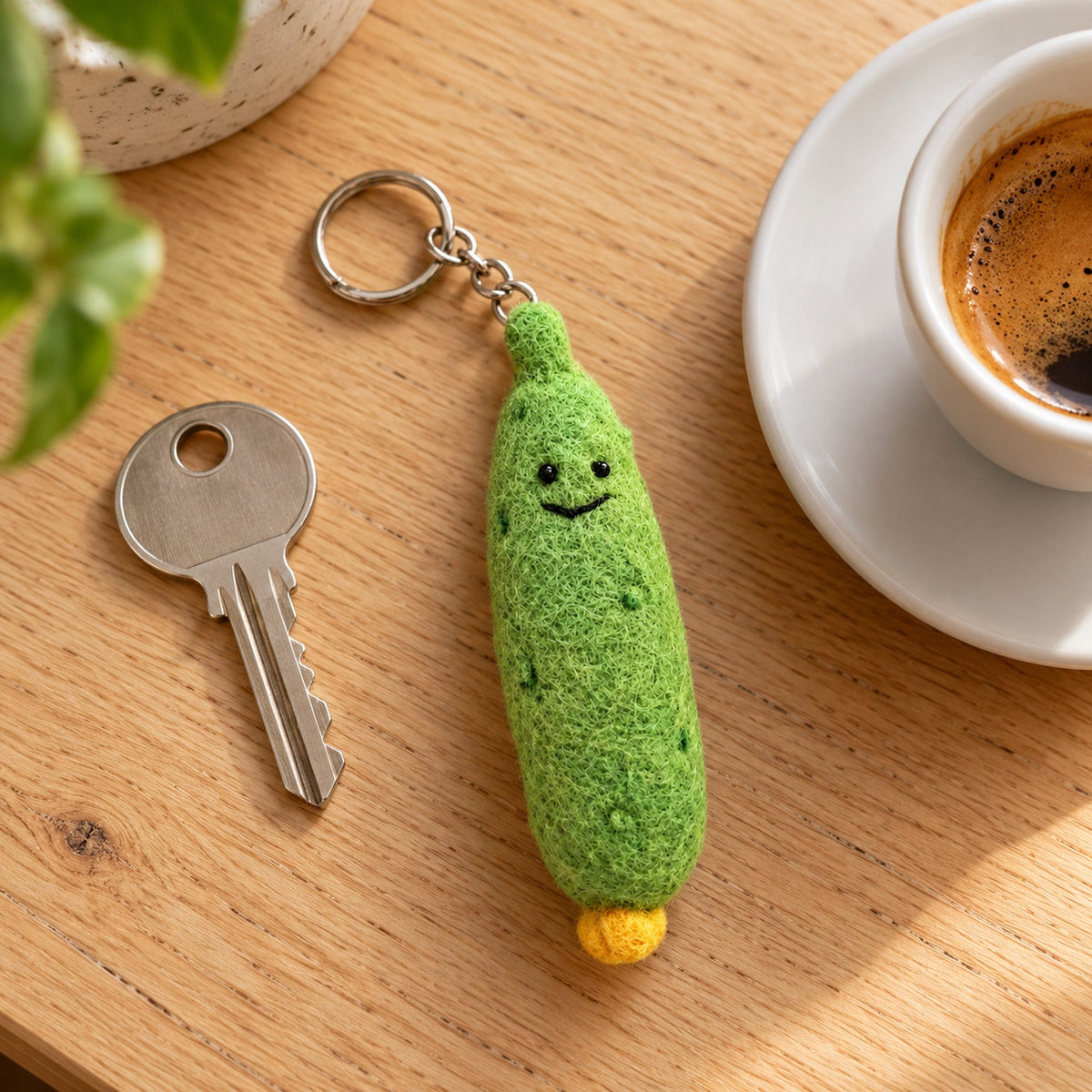 Cool Cucumber felt keychain with a long green body, dark green top, little yellow blossom and smiling face.