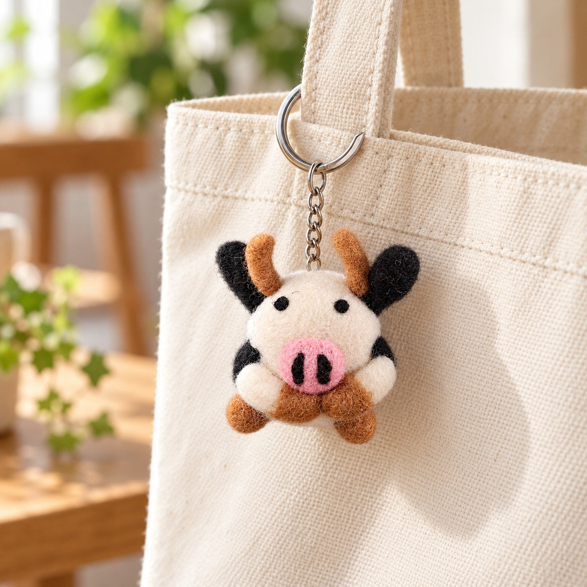 Buttercup the Cow, a round white felt cow keychain with black ears and patches.