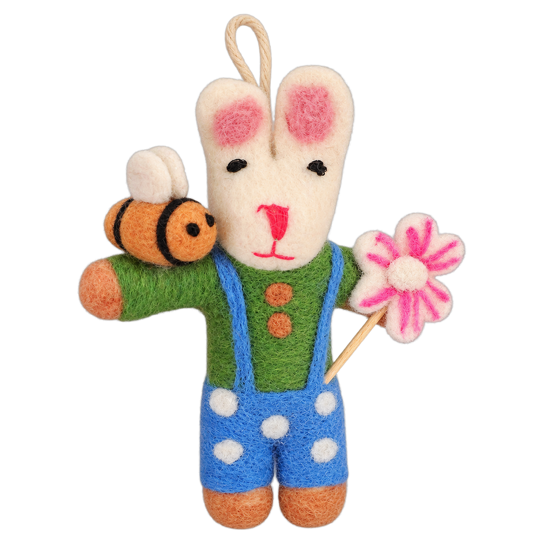 Beekeeper Bunny, felt hanging ornament with a hanging loop