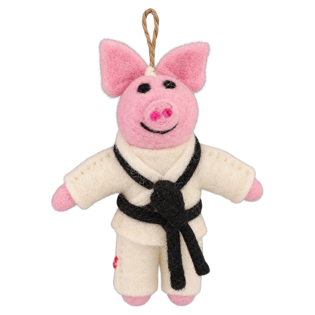 Black Belt Pig, felt hanging ornament with a hanging loop