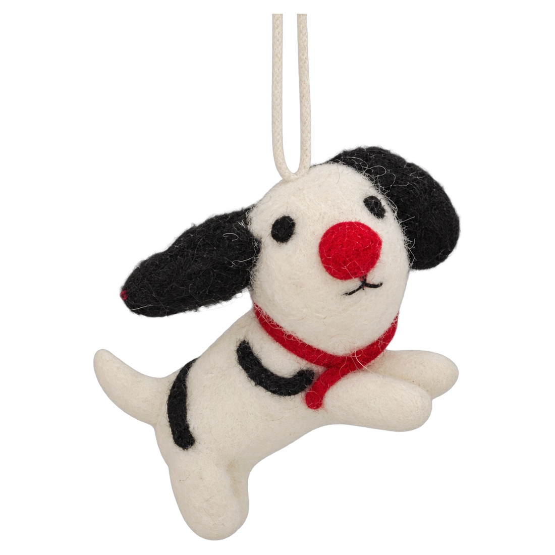 Button Nose Pup, felt hanging ornament with a hanging loop