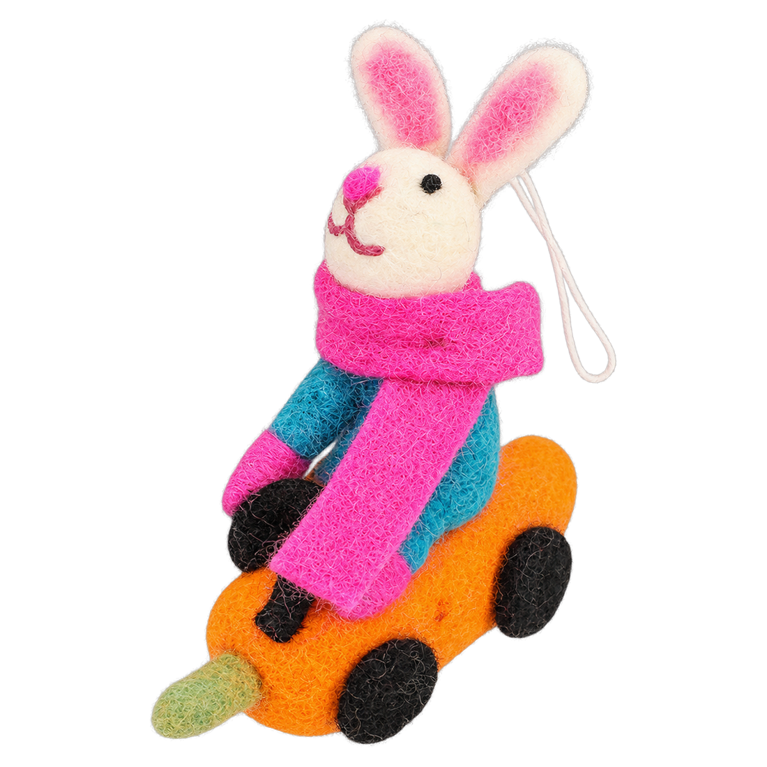 Carrot Car Bunny, felt hanging ornament with a hanging loop