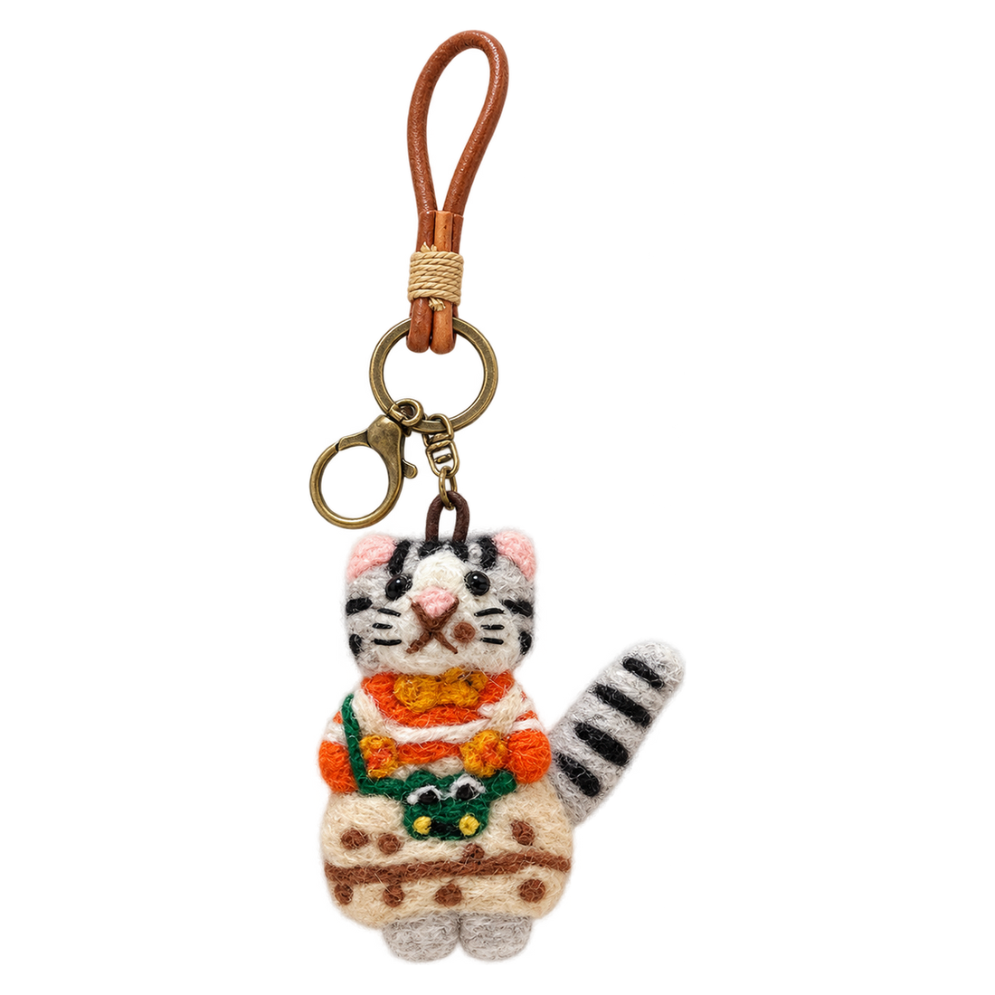 Tadpole the Tabby, felt bag charm on a bronze-coloured clip with a cord loop