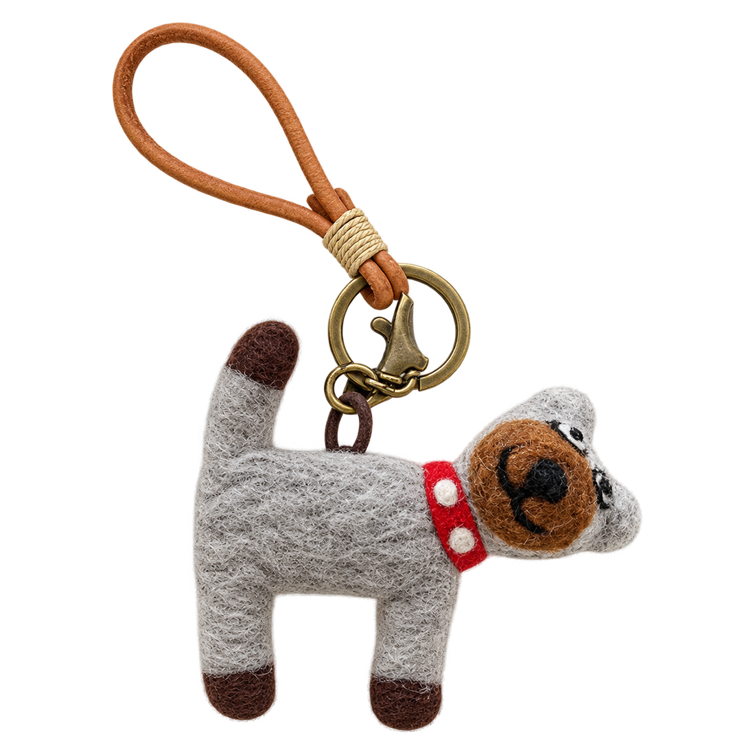 Archie the Pup, felt bag charm on a bronze-coloured clip with a cord loop