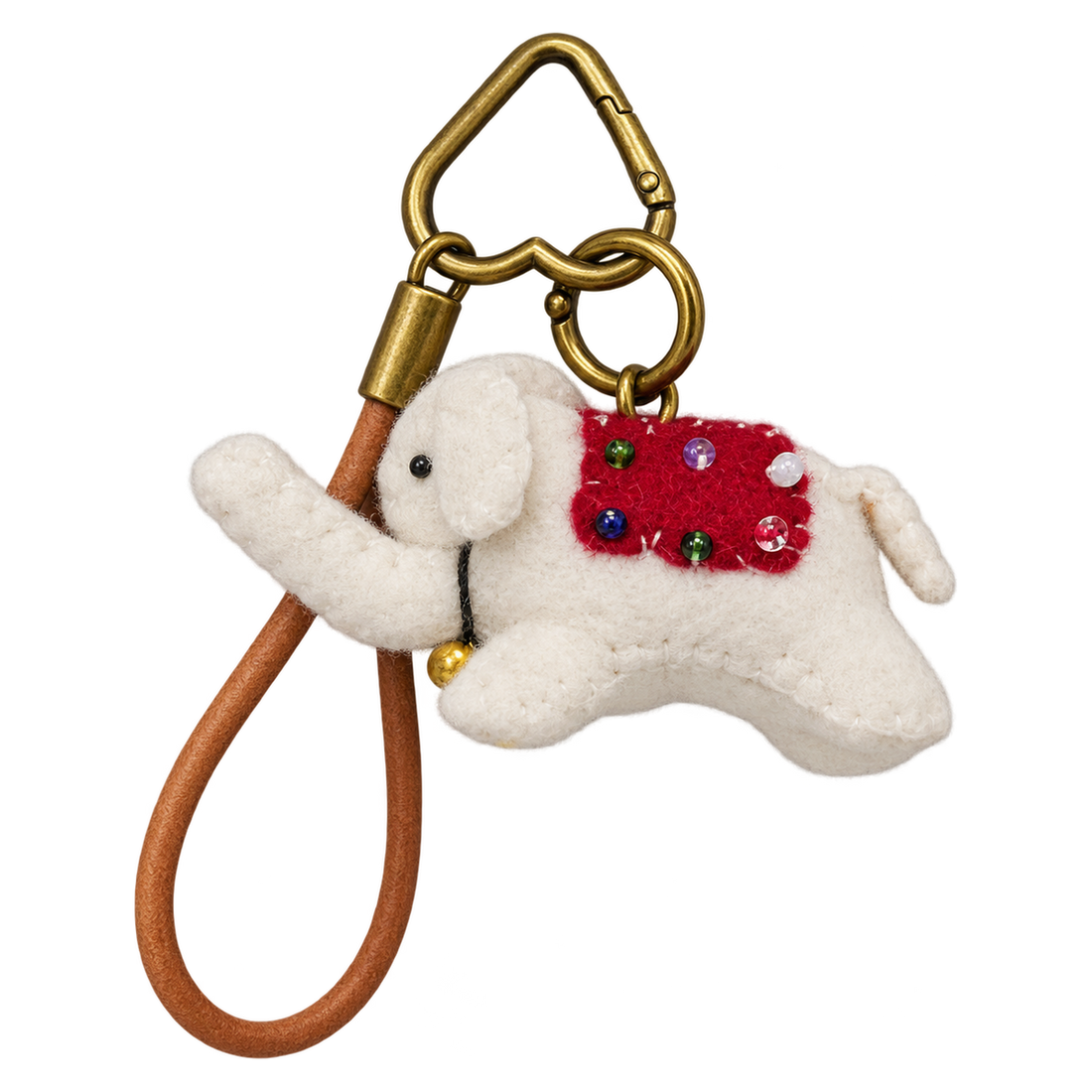 Meringue the Elephant, felt bag charm on a bronze-coloured clip with a cord loop