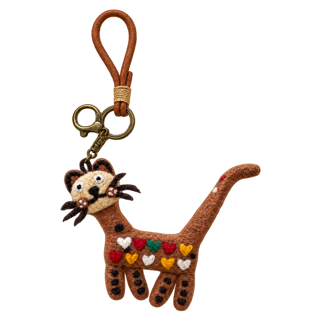 Tawny the Long Cat, felt bag charm on a bronze-coloured clip with a cord loop