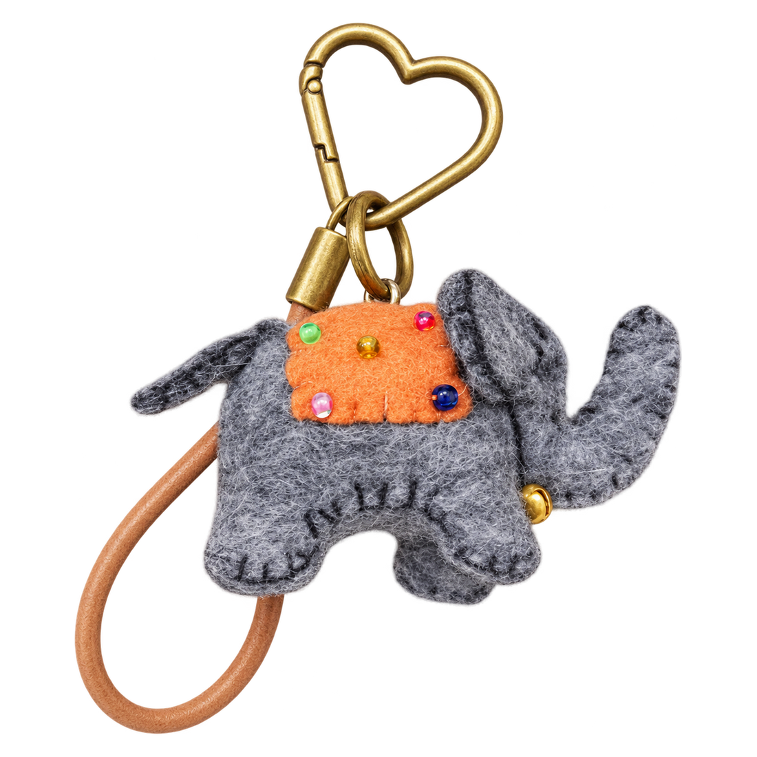Smudge the Elephant, felt bag charm on a bronze-coloured clip with a cord loop