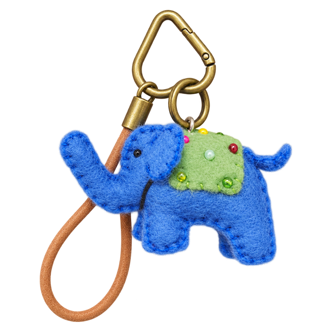 Sapphire the Elephant, felt bag charm on a bronze-coloured clip with a cord loop