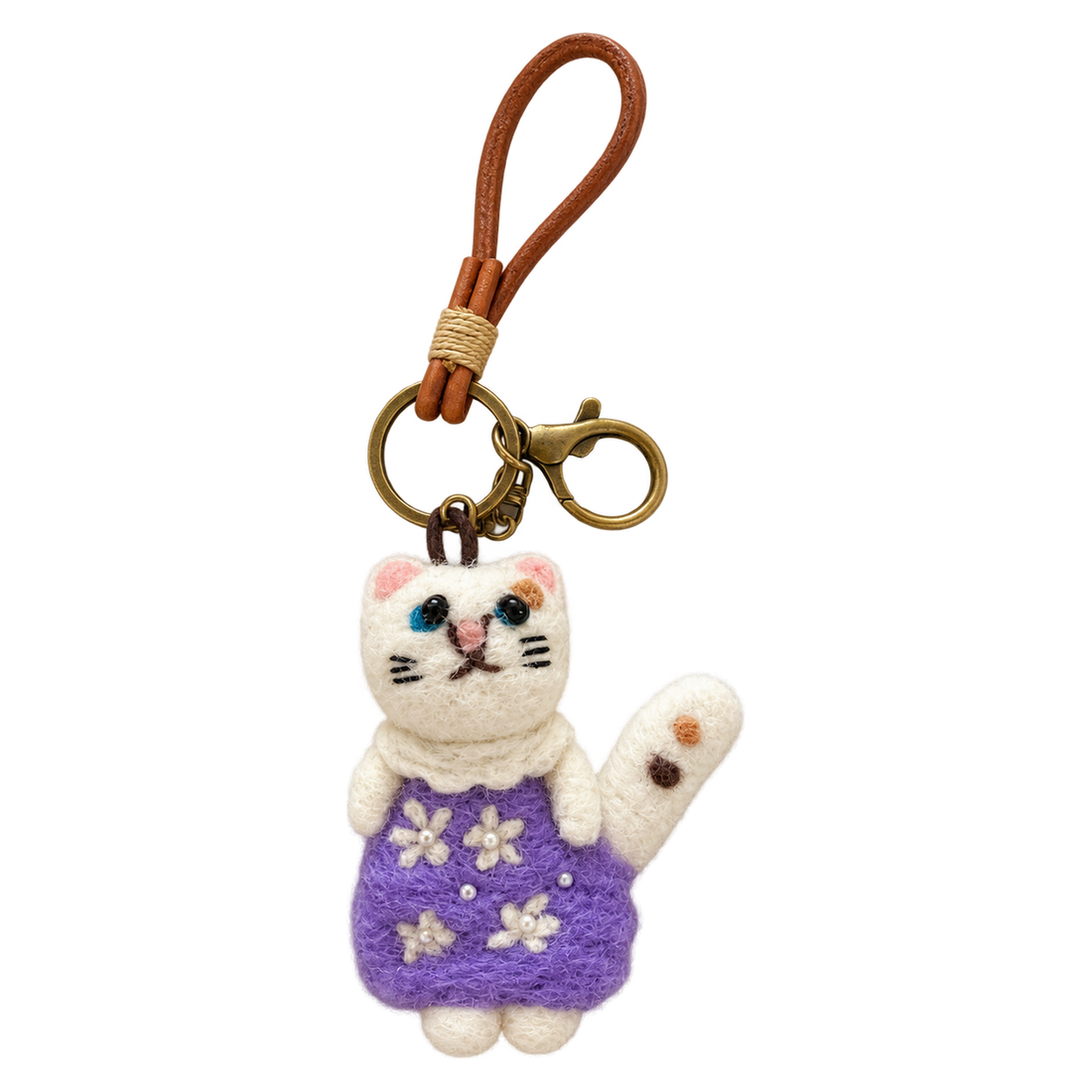 Wisteria the Cat, felt bag charm on a bronze-coloured clip with a cord loop