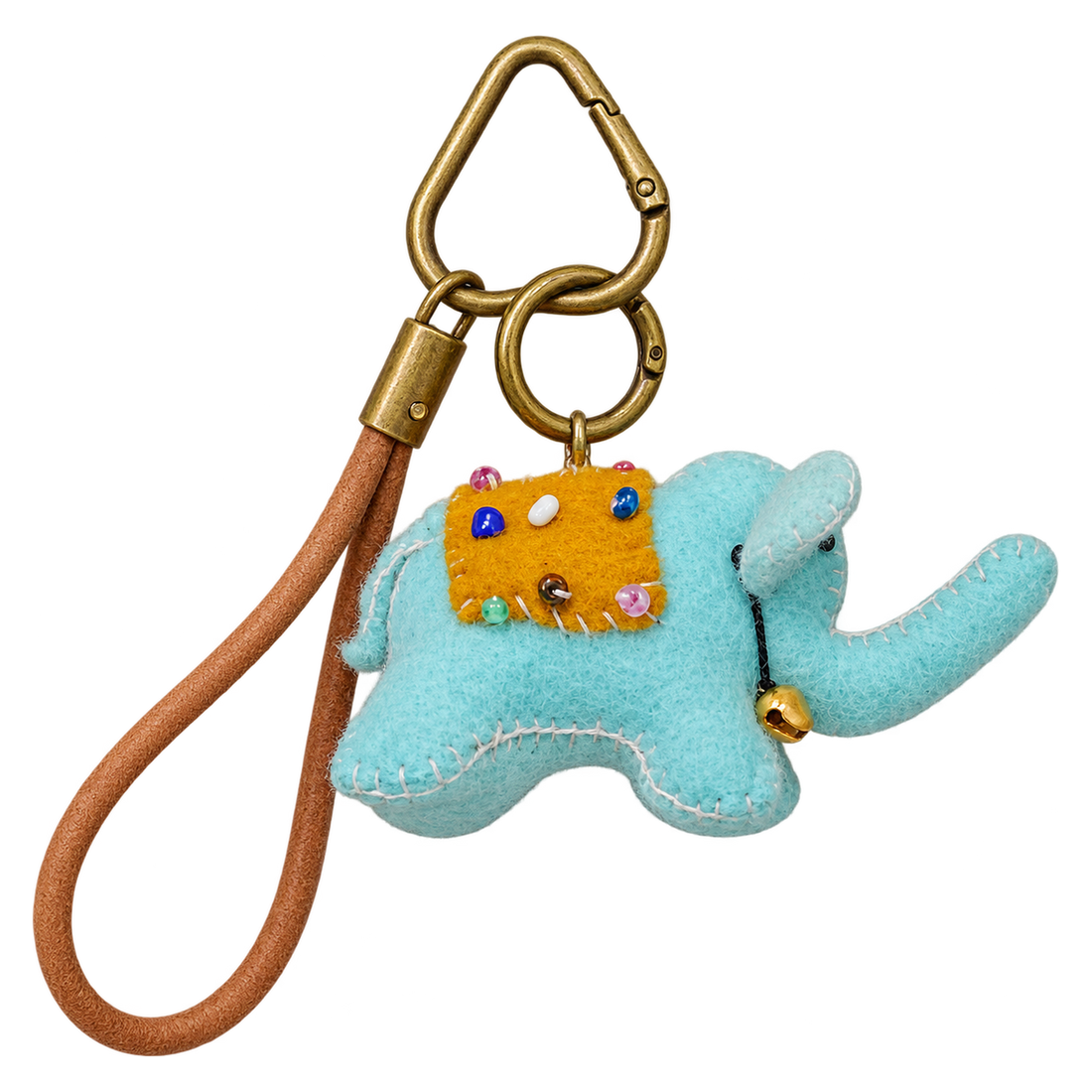 Minty the Elephant, felt bag charm on a bronze-coloured clip with a cord loop