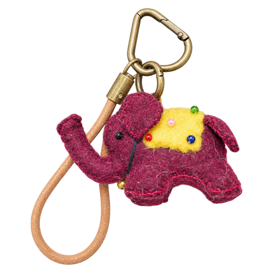 Damson the Elephant, felt bag charm on a bronze-coloured clip with a cord loop
