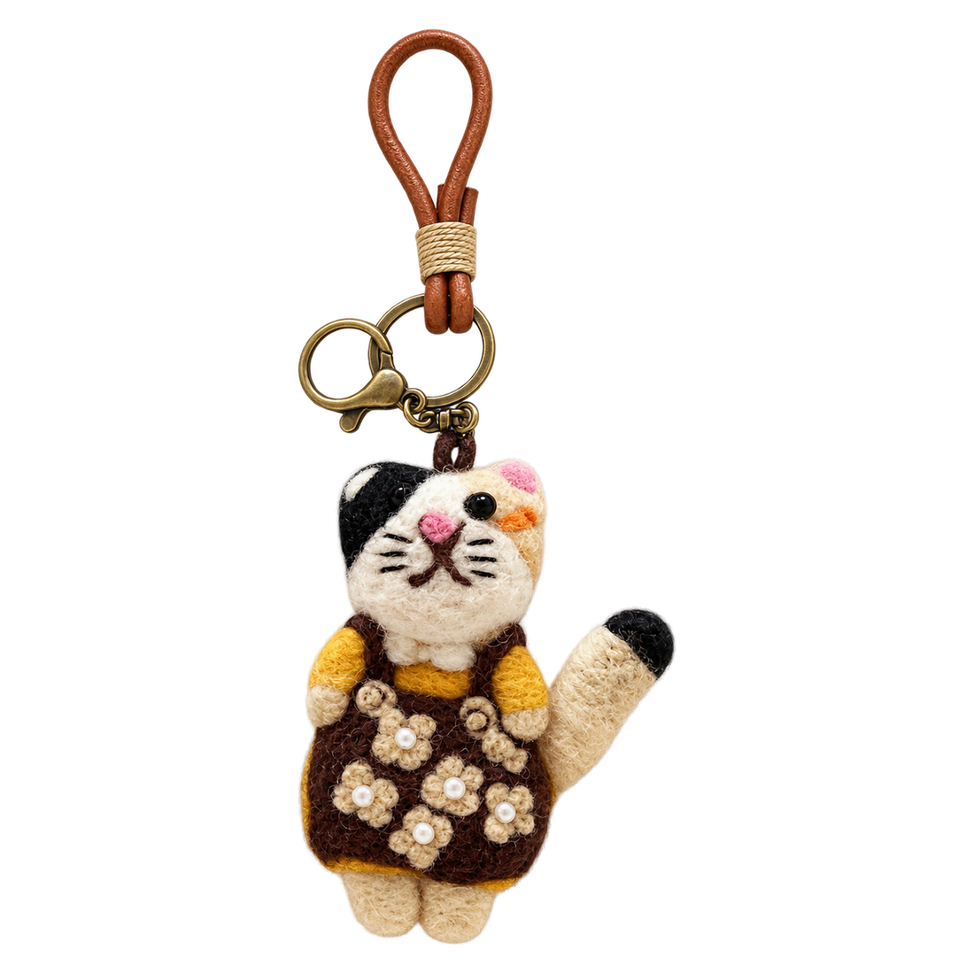 Bonnie the Calico, felt bag charm on a bronze-coloured clip with a cord loop