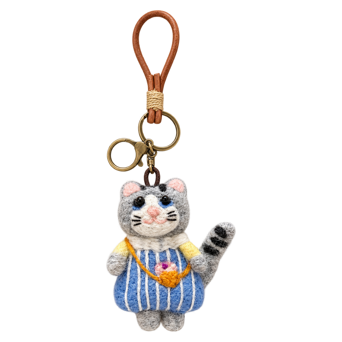 Sundae the Cat, felt bag charm on a bronze-coloured clip with a cord loop