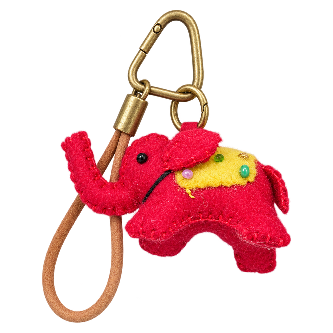 Scarlet the Elephant, felt bag charm on a bronze-coloured clip with a cord loop
