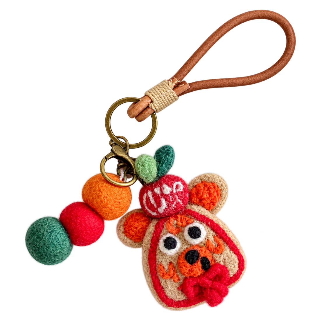 Apple Hat Bear, felt bag charm on a bronze-coloured clip with a cord loop