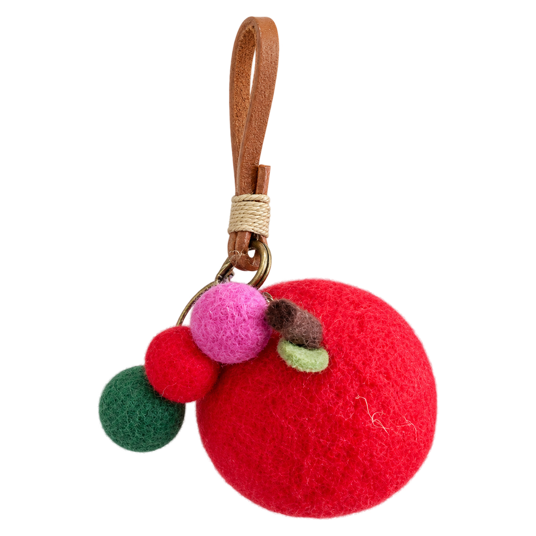 Orchard Apple Bag Charm, felt bag charm on a bronze-coloured clip with a cord loop
