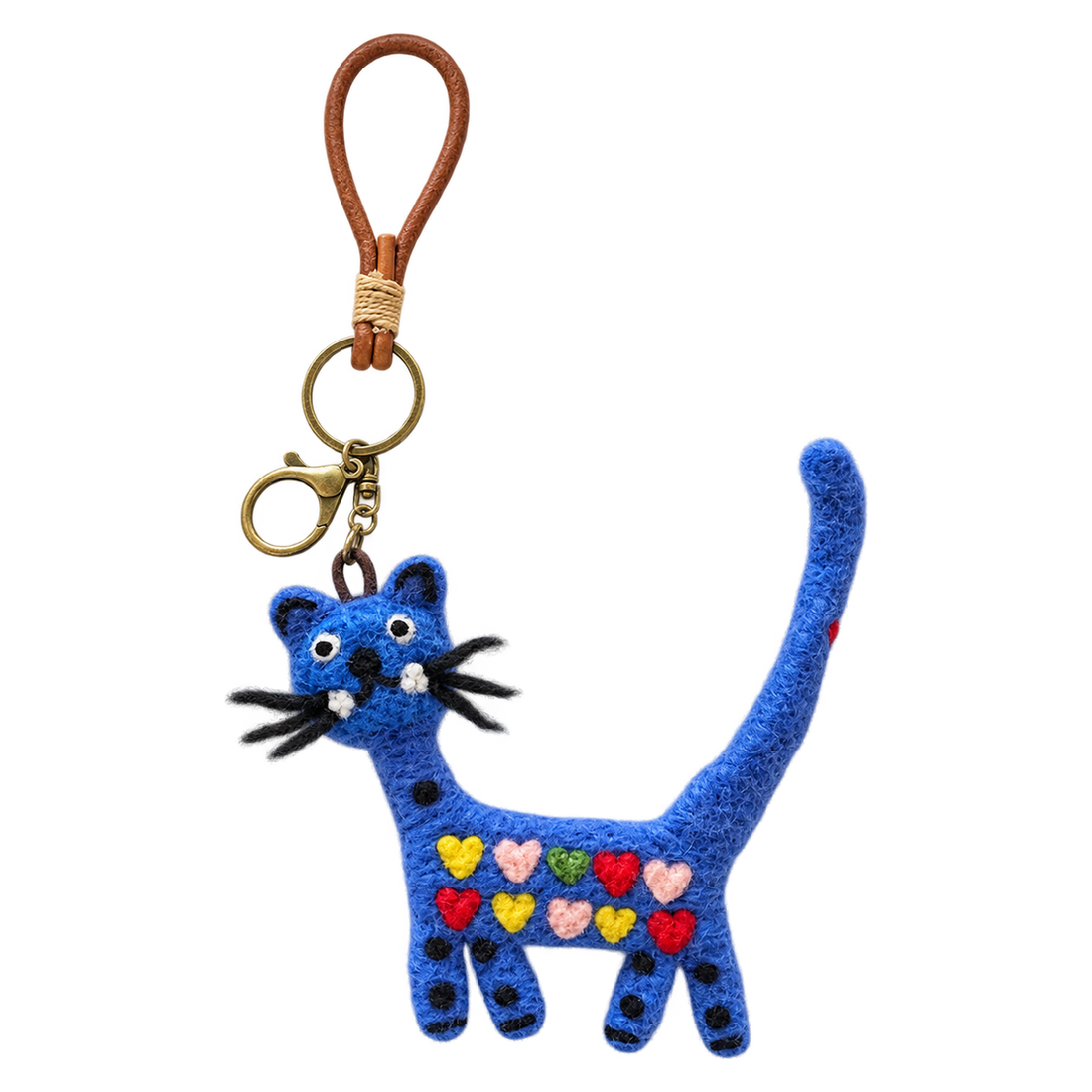 Cobalt the Long Cat, felt bag charm on a bronze-coloured clip with a cord loop