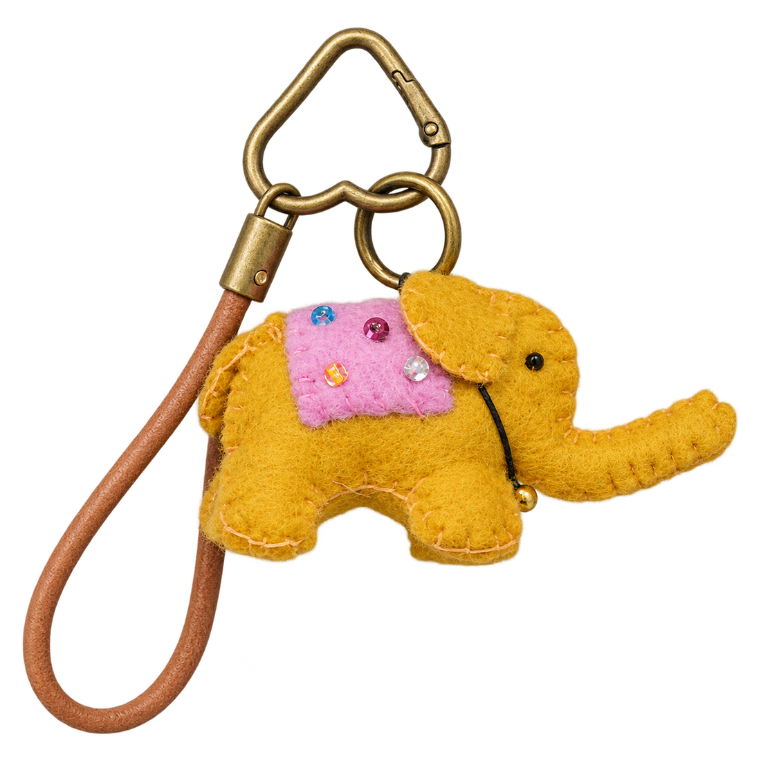 Honey the Elephant, felt bag charm on a bronze-coloured clip with a cord loop
