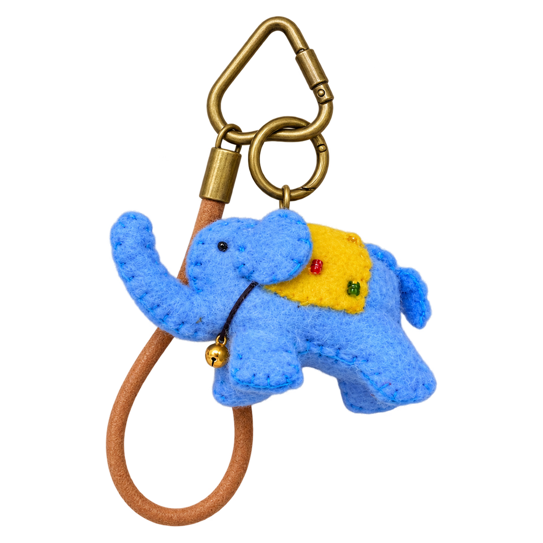 Bluebell the Elephant, felt bag charm on a bronze-coloured clip with a cord loop