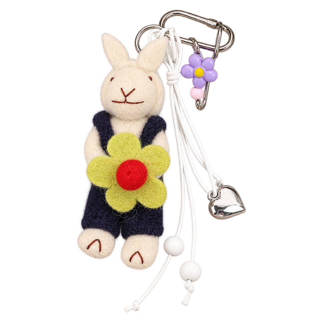 Navy Dungaree Sheep, felt bag charm on a clip with a coloured charm cord