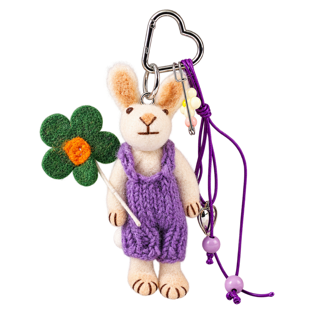 Lilac Dungaree Bunny, felt bag charm on a clip with a coloured charm cord