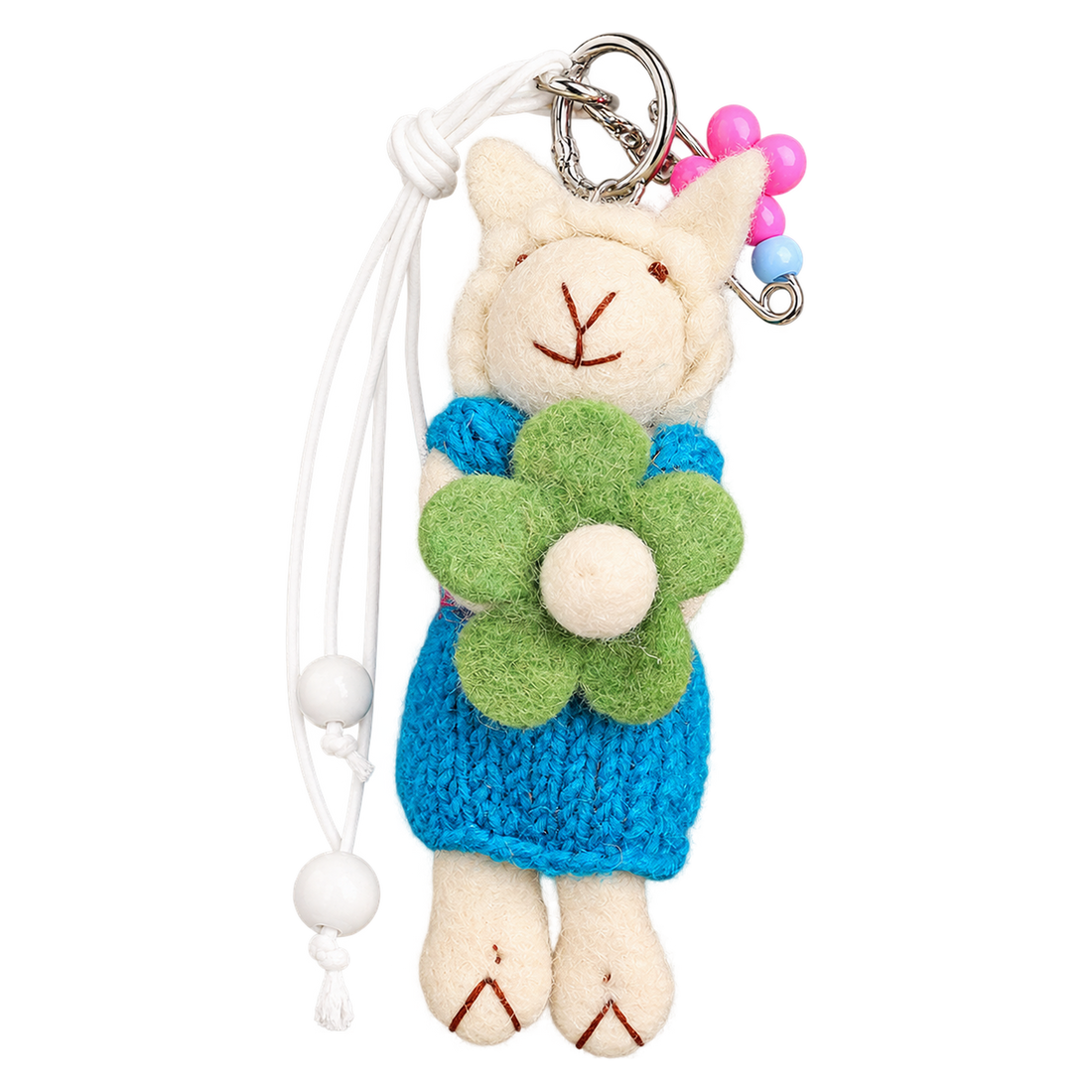 Lagoon Dungaree Sheep, felt bag charm on a clip with a coloured charm cord