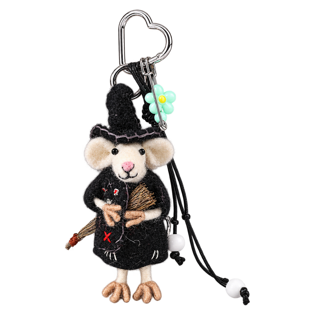 Broomstick Mouse, felt bag charm on a clip with a coloured charm cord
