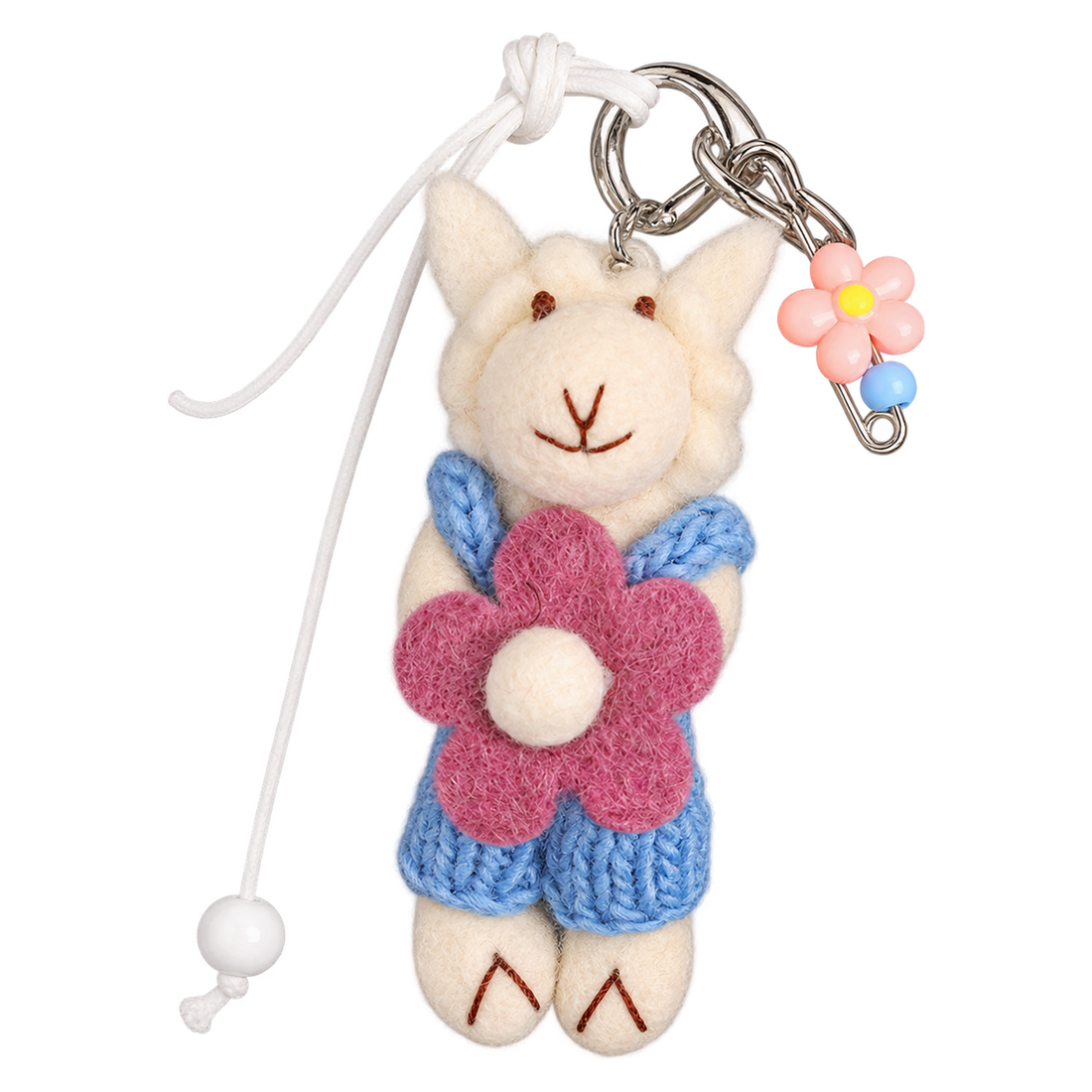 Sky Dungaree Sheep, felt bag charm on a clip with a coloured charm cord