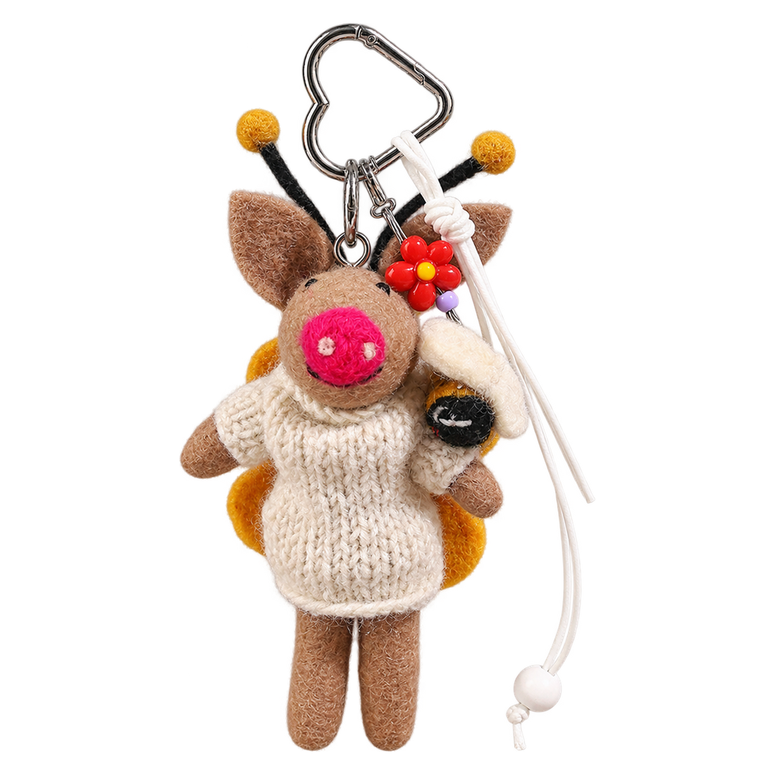 Snowdrop the Flying Pig, felt bag charm on a clip with a coloured charm cord