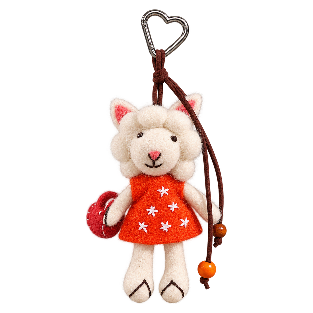 Shopper Sheep in Orange with a Red Bag, felt bag charm on a clip with a beaded cord