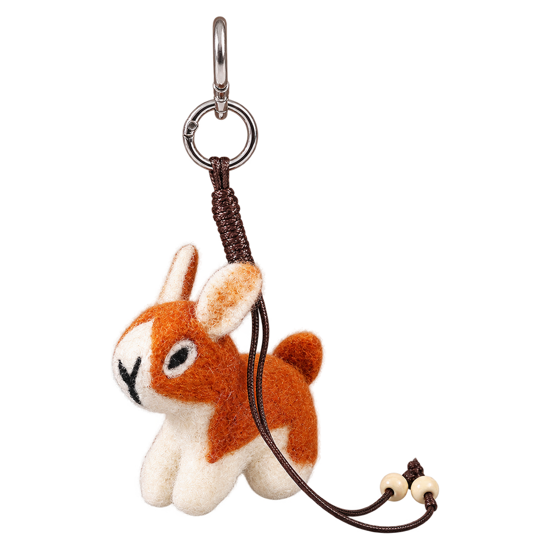 Copper Bunny, felt bag charm on a clip with a beaded cord