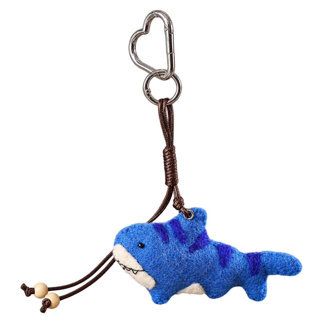 Stripes the Shark, felt bag charm on a clip with a beaded cord