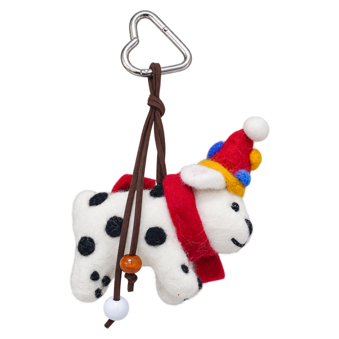 Party Hat Dalmatian, felt bag charm on a clip with a beaded cord