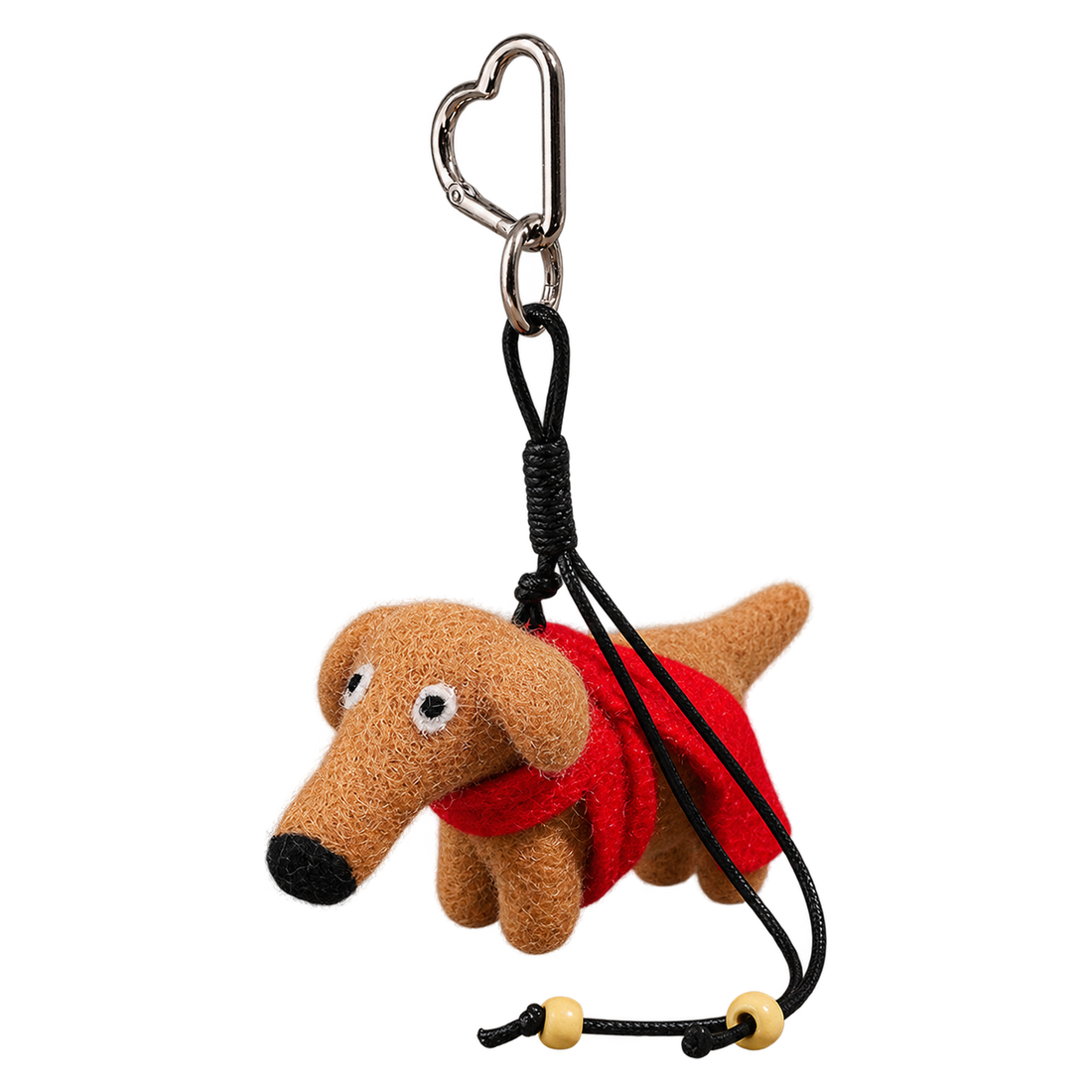 Conker the Sausage Dog, felt bag charm on a clip with a beaded cord