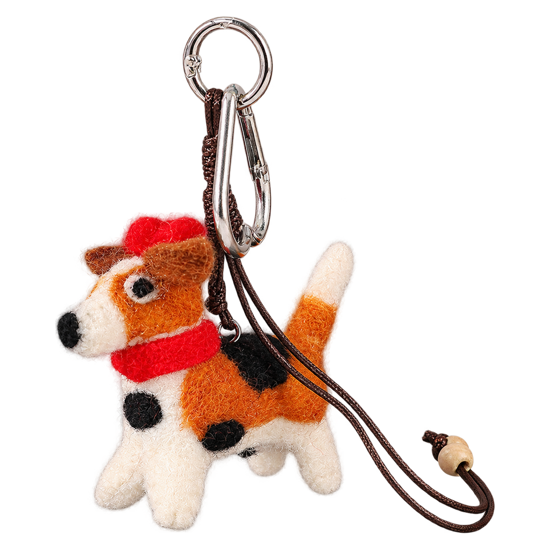 Rascal the Pup, felt bag charm on a clip with a beaded cord