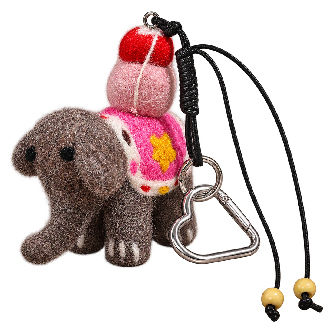 Birthday Elephant, felt bag charm on a clip with a beaded cord