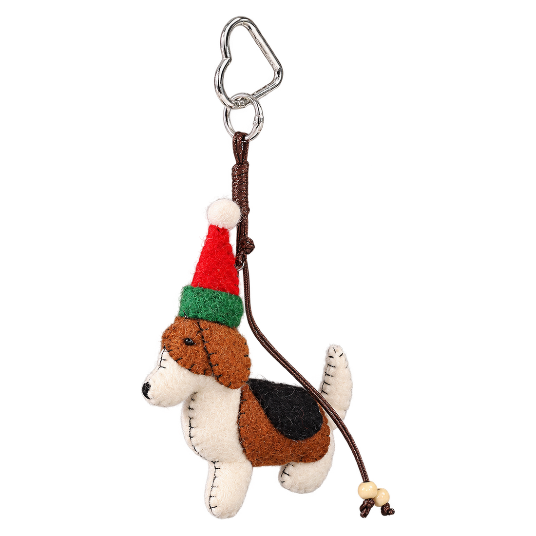 Figgy the Beagle, felt bag charm on a clip with a beaded cord