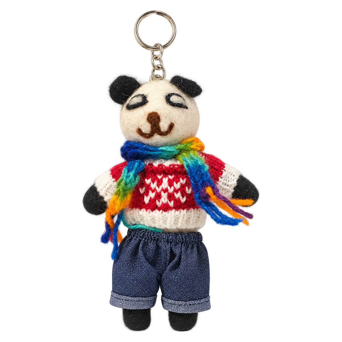 Fair Isle Panda, felt keychain on a key ring