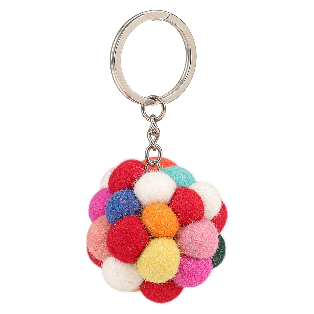 Rainbow Bobble Ball, felt keychain on a key ring