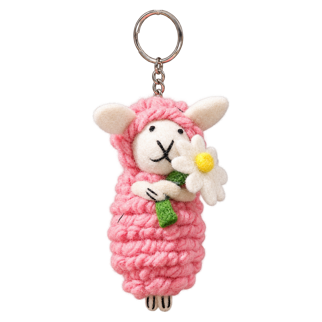 Blush Daisy Sheep, felt keychain on a key ring