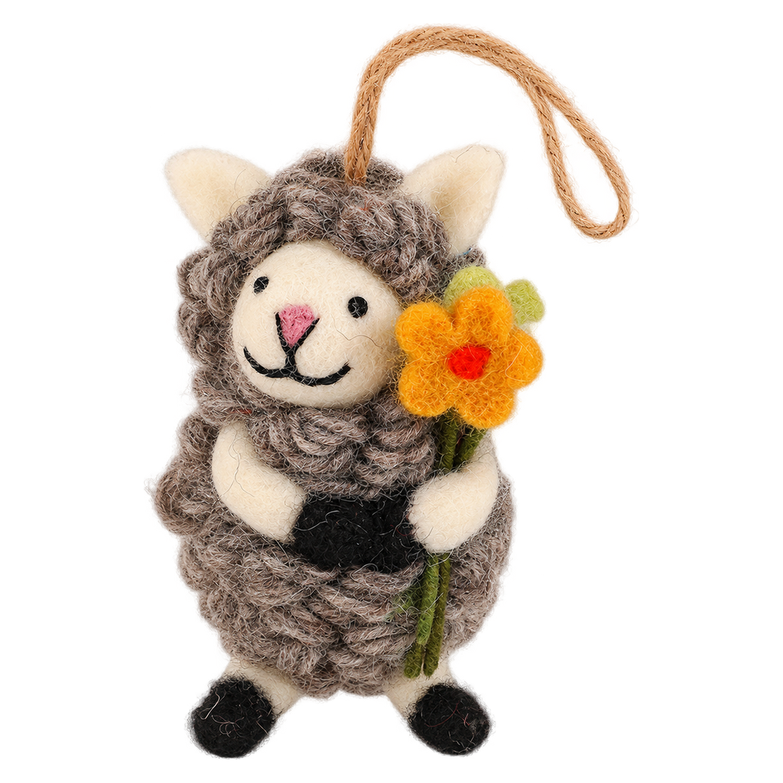 Hazel Sheep, felt hanging ornament with a hanging loop