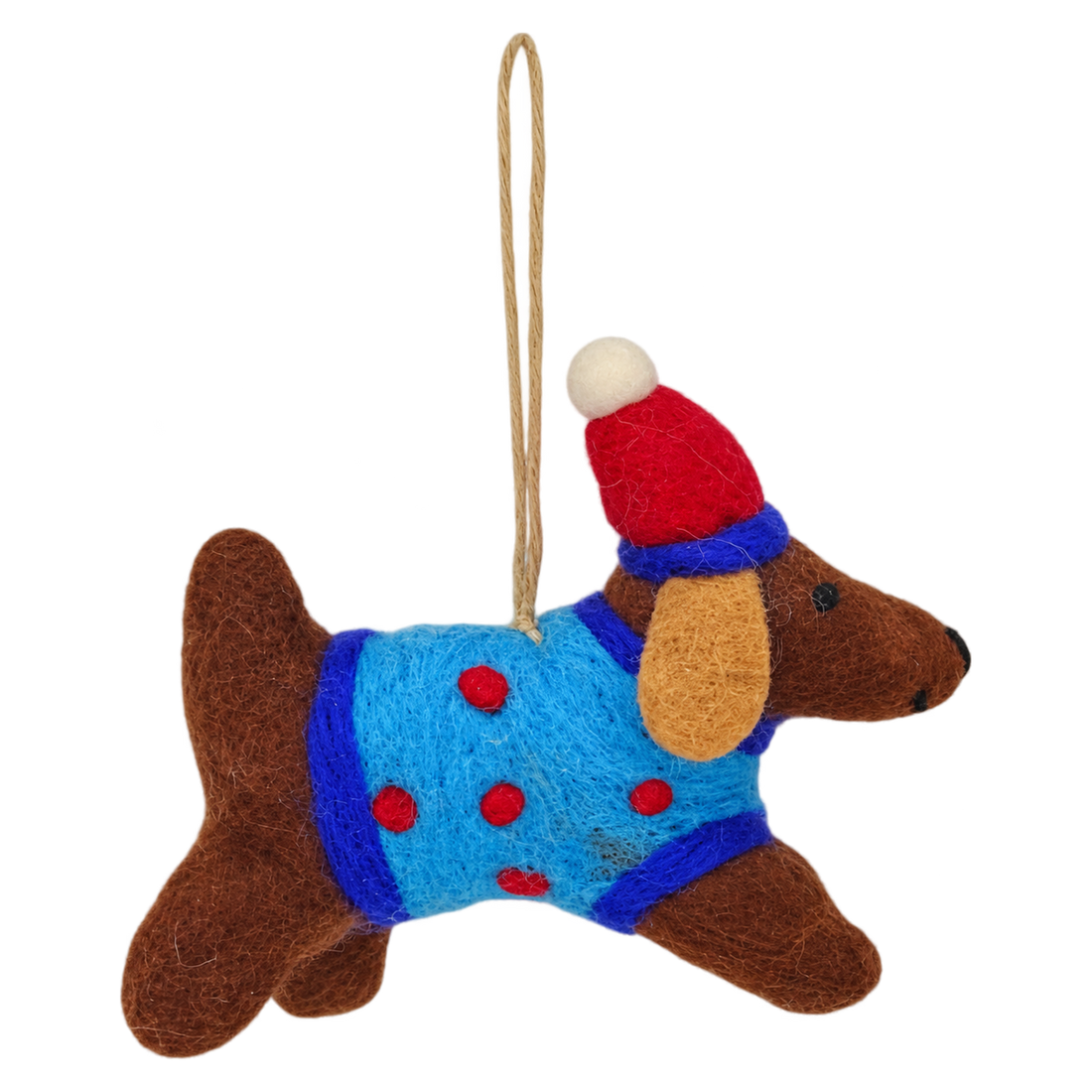 Monty the Sausage Dog, felt hanging ornament with a hanging loop