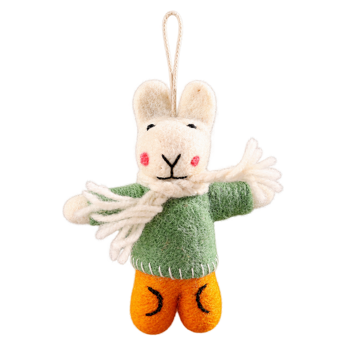 Hug-Me Bunny in Green, felt hanging ornament with a hanging loop