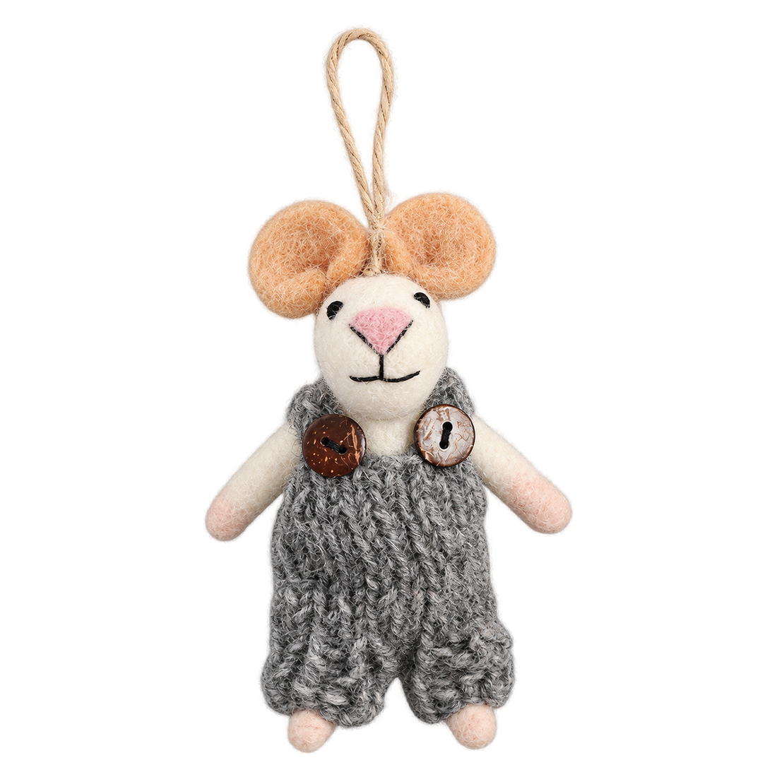 Slate Knit Mouse, felt hanging ornament with a hanging loop