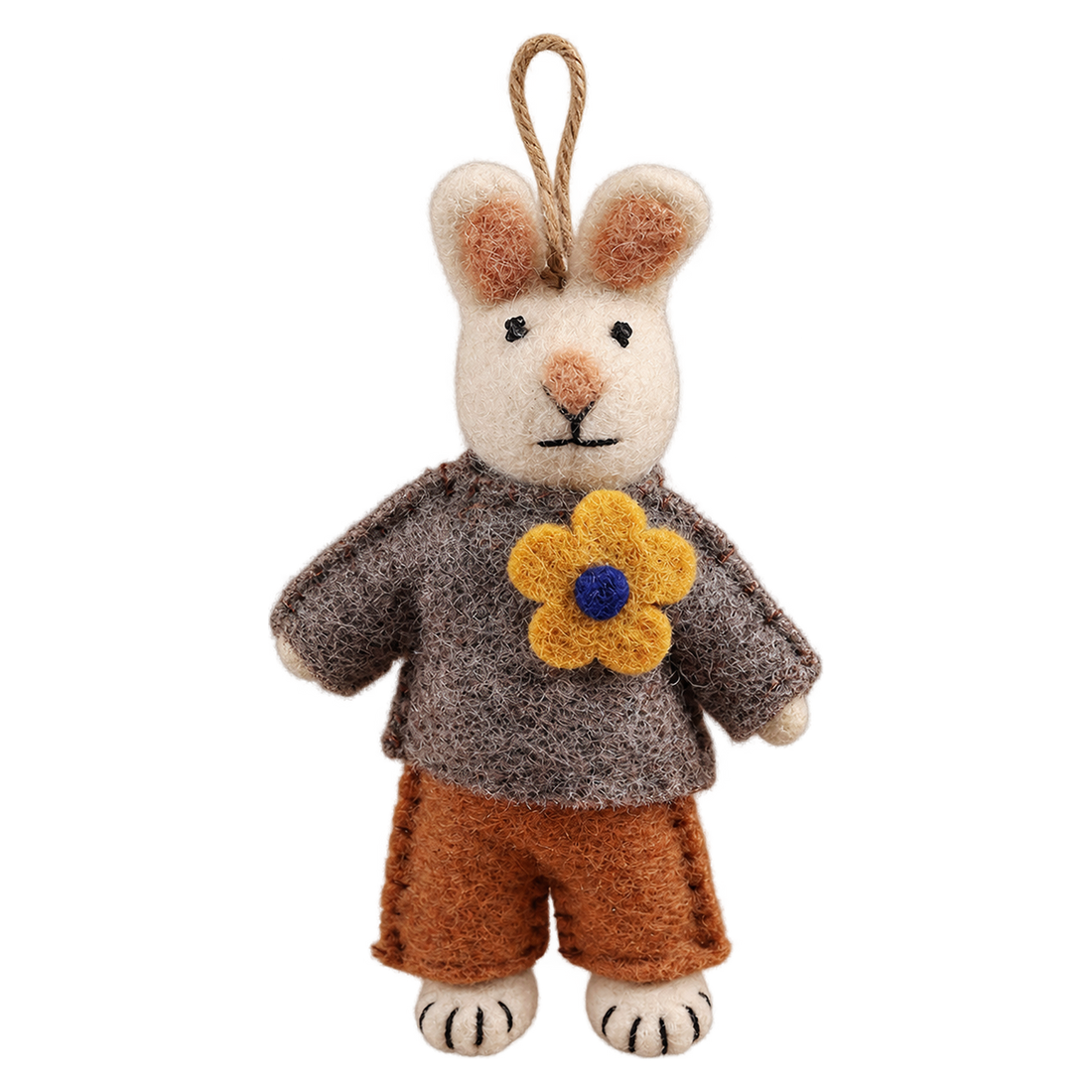 Buttonhole Bunny in Grey, felt hanging ornament with a hanging loop