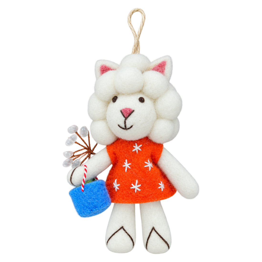 Shopper Sheep in Orange with a Blue Bag, felt bag charm with a hanging loop